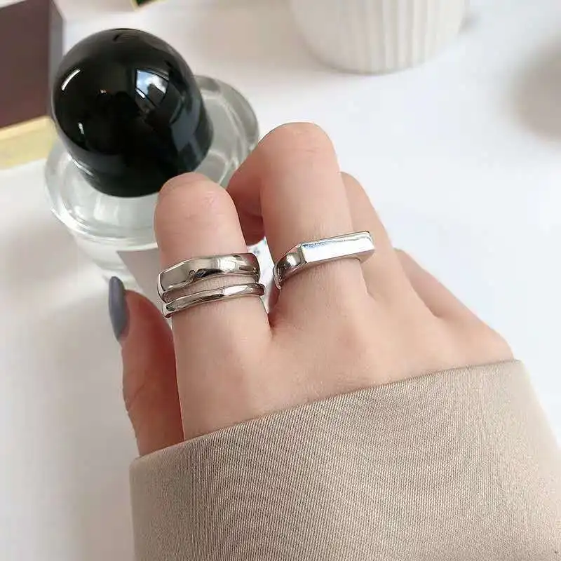 

925 Sterling Silver Fashion Irregular Double Layer Geometric Square Simple Women's Ring Jewelry Wedding Birthday Gift