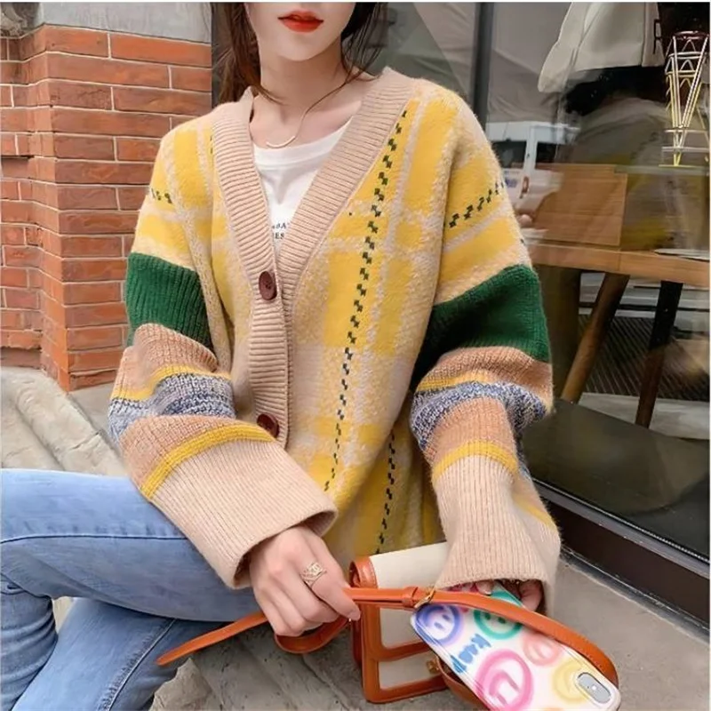 2022 New Fashion Autumn Coat For Women Knitted Sweater Cardigan Lady Luxury Brand Lady One Size Contrasting Color Coat Y2K Cloth