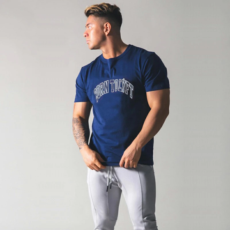 

Summer Men's Brand Gym Running Print T-shirt Cotton Bodybuilding Sweatshirt Tops Fitness Men's Round Neck Casual Short Sleeves