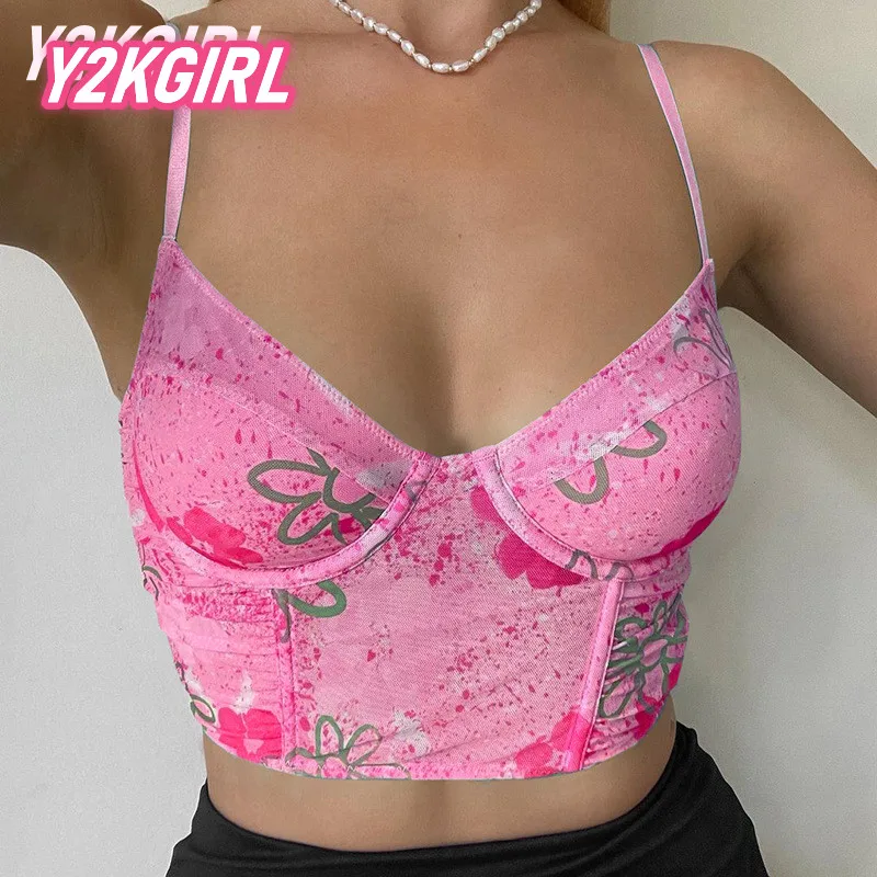 

Y2KGIRL летние женские укороченные топы с цветочным принтом, синяя футболка без рукавов с глубоким V-образным вырезом, модный розовый милый пул...