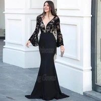 simple black prom dresses with long sleevs floor length charming evening gown for woman sexy deep v neck with applique vestidos
