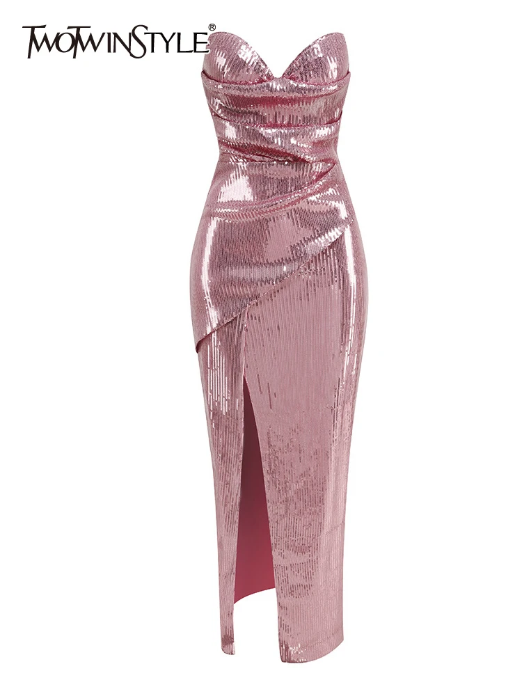 

TWOTWINSTYLE Patchwork Sequins Dresses For Women Strapless Sleeveless High Waist Irregular Slimming Split Dress Female Fashion