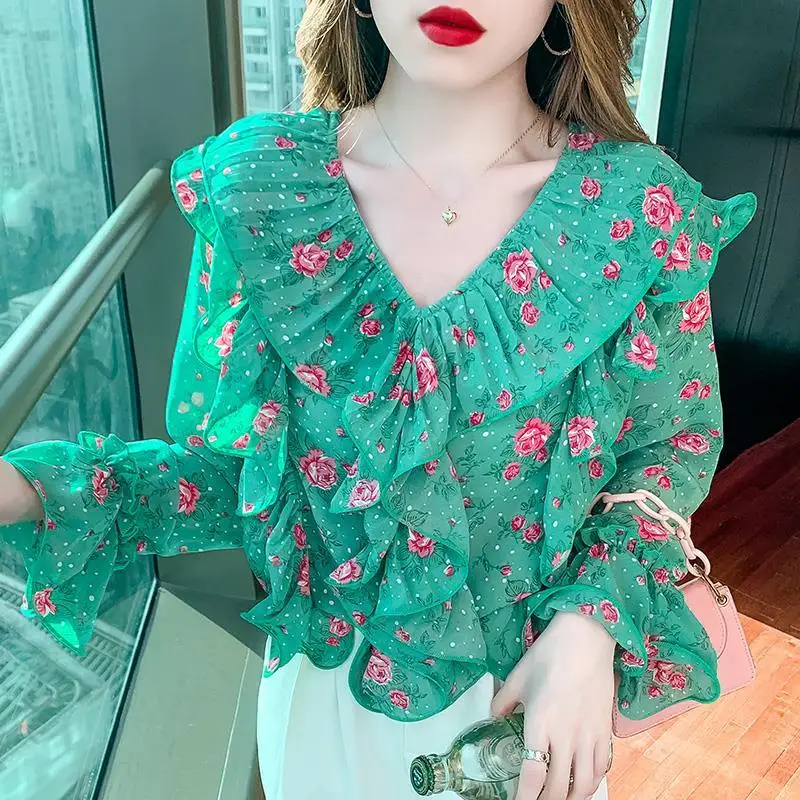 

Super Fairy Broken Princess Sleeve Chiffon Shirt 2023 New Sweet Printing Pressing Pressure Press Vedic Loose Loose Female Blouse