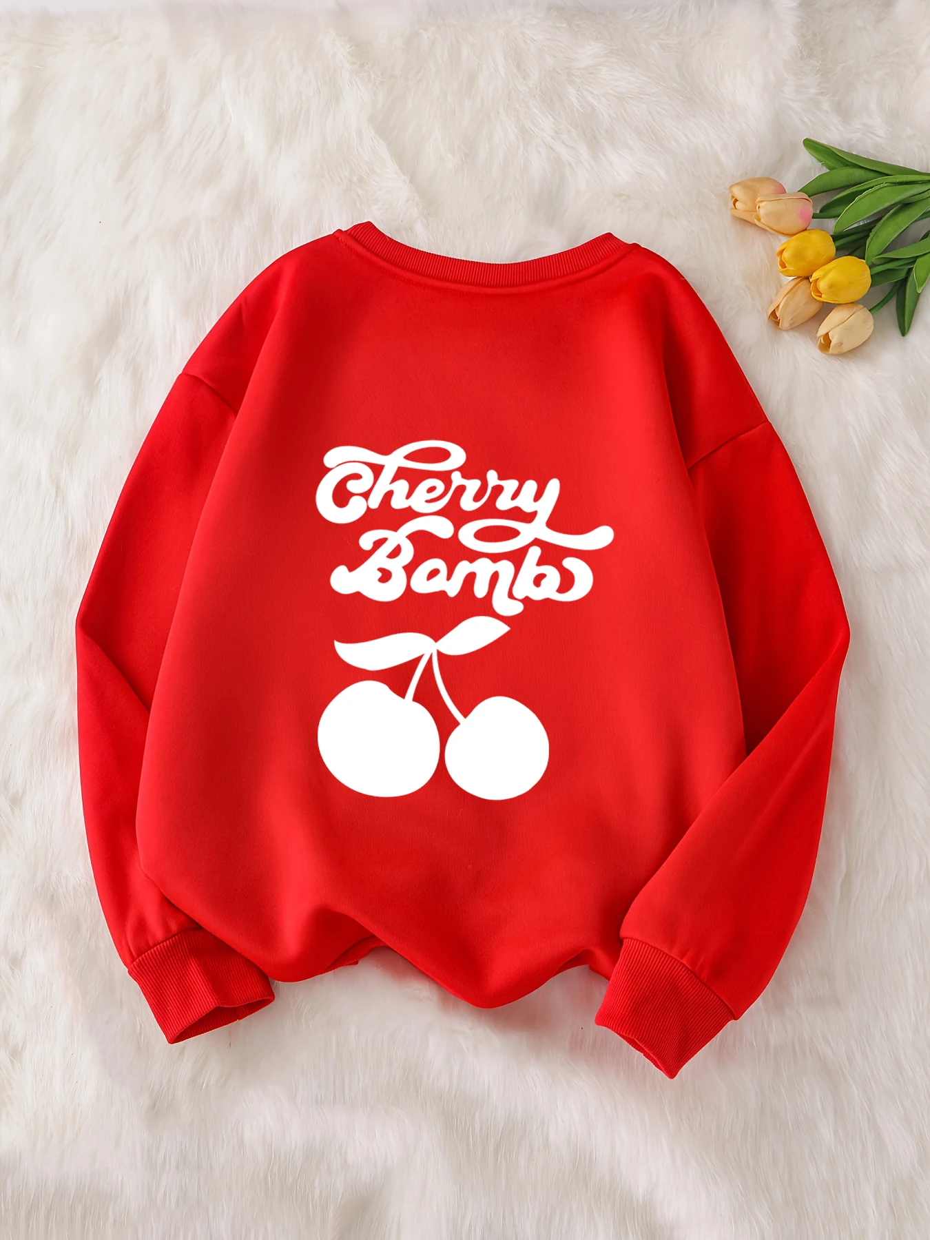 Уютная Красная толстовка с принтом в виде монограммы вишни модные женские