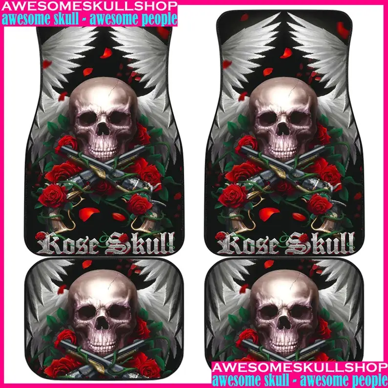 

Set 4 pcs roes skull grim reaper skeleton car mat, skull car accessories, skull car protector, skull mat carpet, floral skull ru