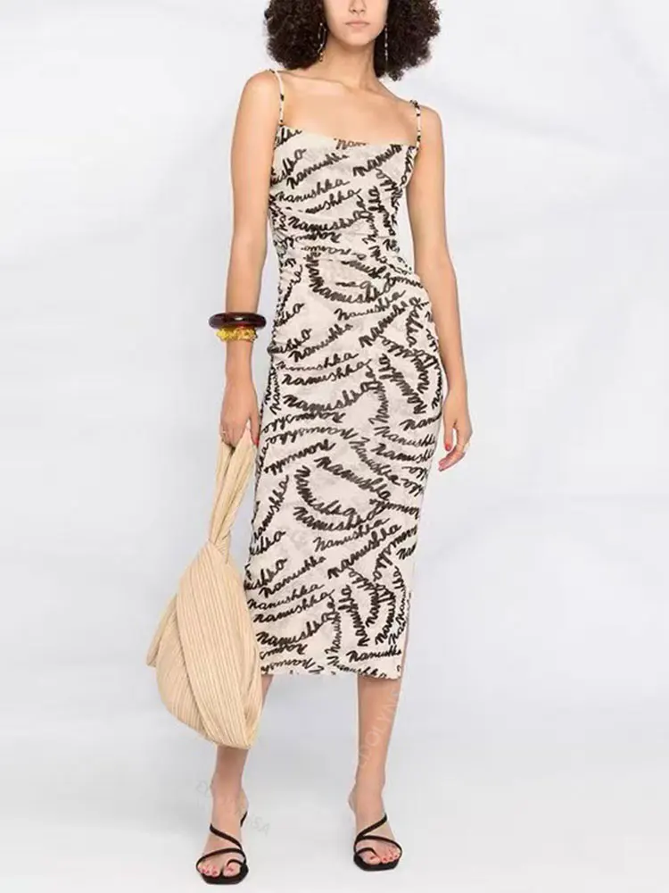 

High Quality 2022 Elegant Beige Spaghetti Strap Bodycon Midi Dress Women Summer Clothes Beach Wear Club Party Slip Dresses A1347