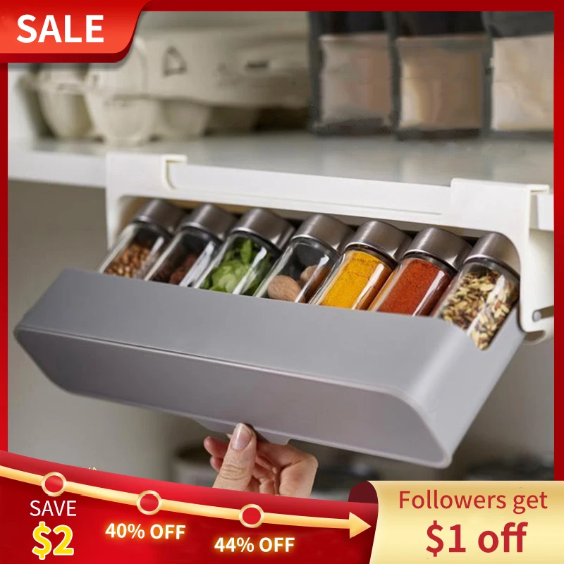 Kitchen Spice Bottle Storage Box Non-stick Wall-mounted Under-Shelf Rack Seasoning Box Salt Pepper Can Basket Storage Jar Set