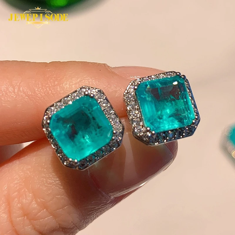 

Jewepisode Luxury 925 Sterling Silver 8MM Paraiba Tourmaline Gemstone Ear Stud Earrings for Women Wedding Fine Jewelry Wholesale