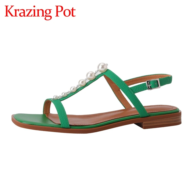 

Krazing Pot Genuine Leather Low Heel Pearl Decoration Three Colors Young Lady Daily Wear Buckle Strap Fashion Women Sandals L27