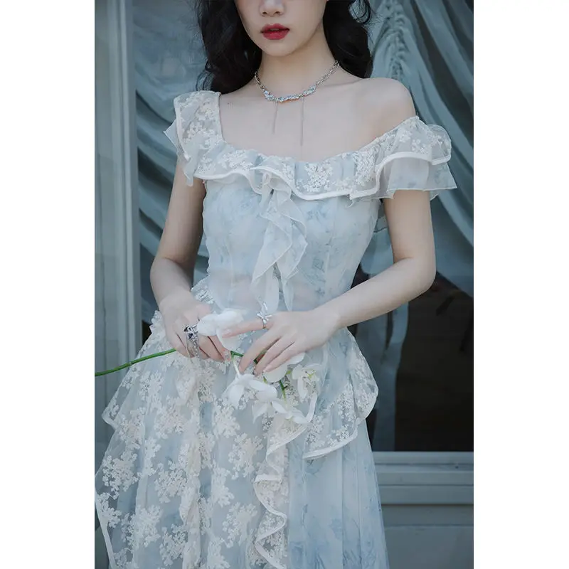 

Two Piece Set Women Clothing 2 Piece Sets Womens Outfits Embroidery Lace Sleeveless Ruffle Shirt Top + High Waist Skirt Set 2022