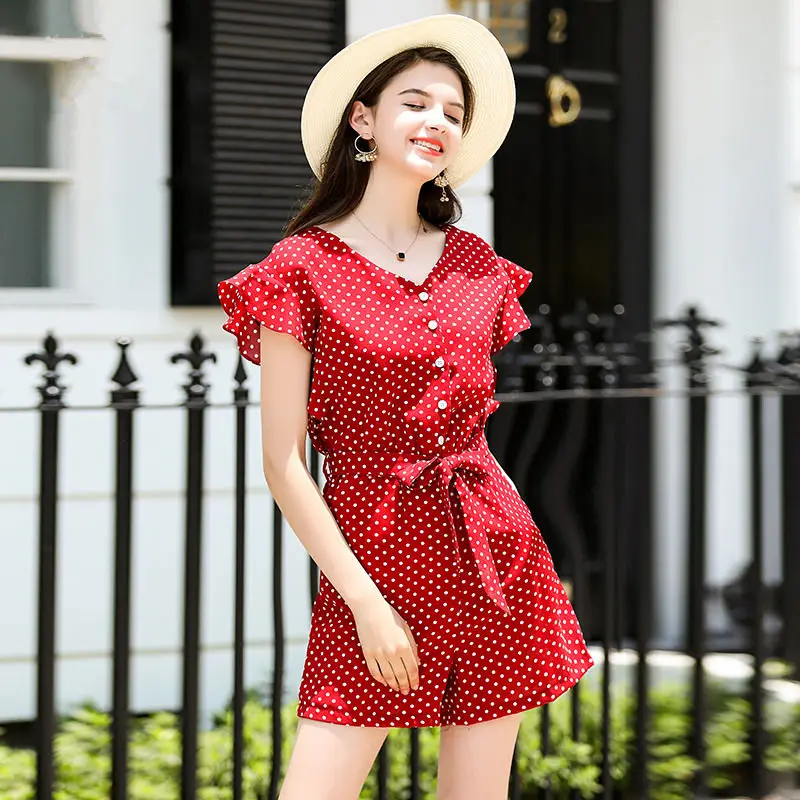 

2023 Women Summer New Bow V-Neck Playsuits Female Print Jumpsuits Ladies Short Sleeve Rompers Casual Wide Leg Bodysuit O14