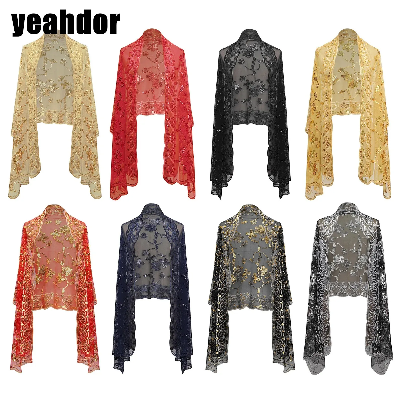 Женский Блестящий сетчатый шарф с блестками шали накидка в винтажном стиле 1920-х