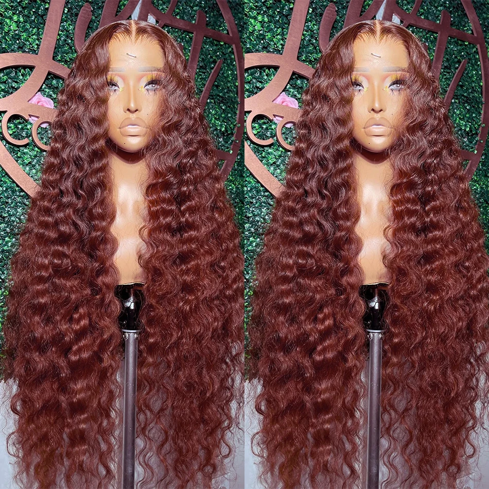 

Water Wave 13x4 HD Transparent Reddish Brown Frontal Wig Brown Pre Plucked Lace Front Human Hair Wigs 4x4 Closure Wigs For Women