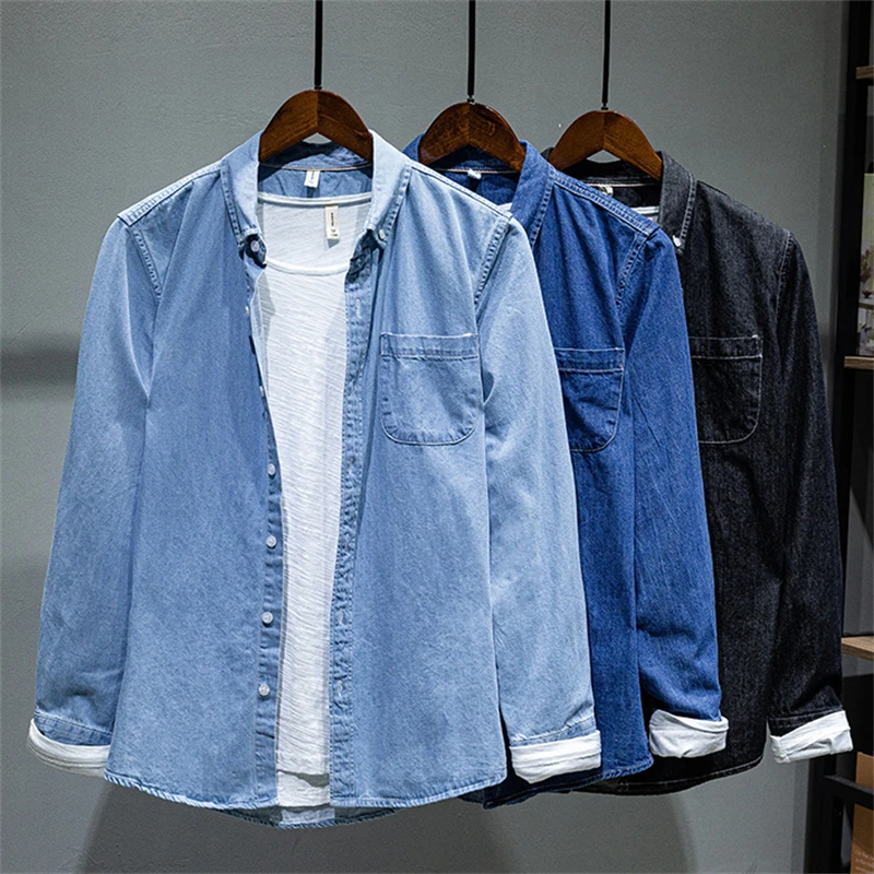 

Spring and Autumn Men's Clothing Retro Washed Solid Color Long Sleeved Denim Shirt Male Casual Slim Jean Shirts 100% Cotton Tops