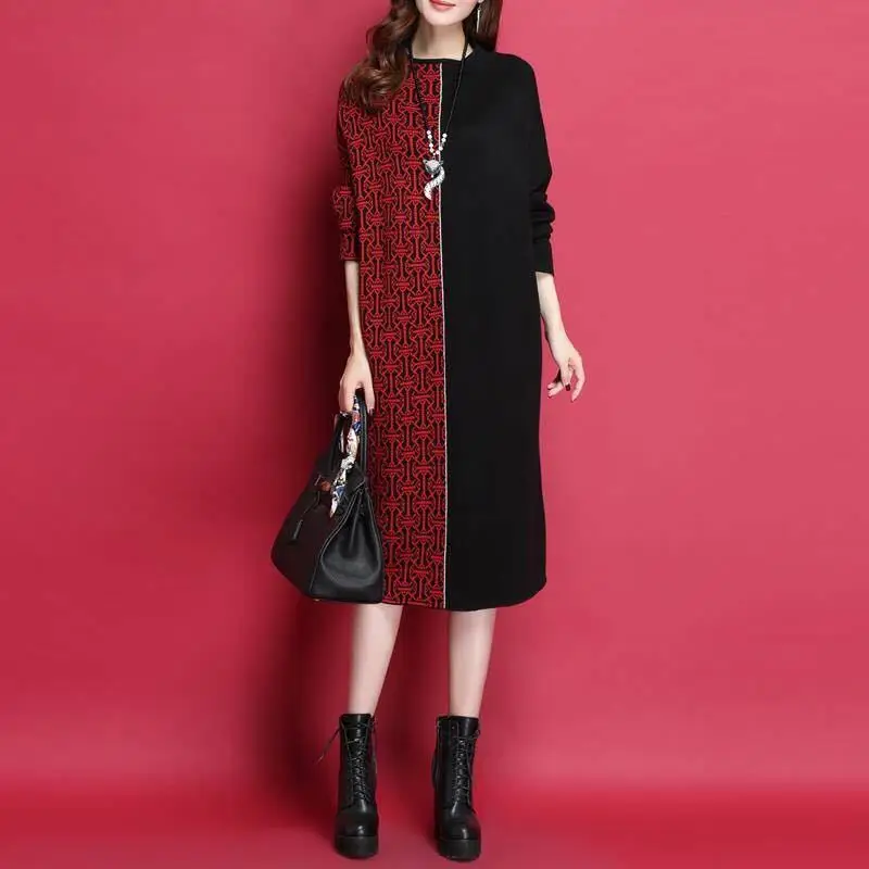 

Autumn Winter O-Neck Cotton Blend Mid-calf Sweater Dress Vintage Half Both Sides Patchwork Women's Clothing Loose Waist Pullover
