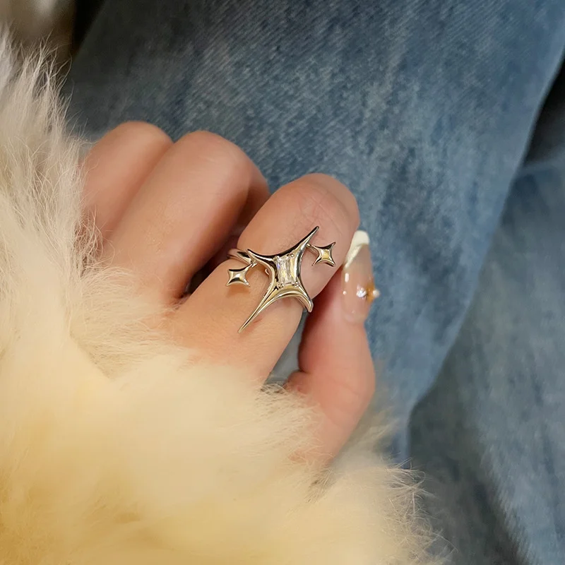 

New Korean Cross Star Rings for Women Shiny Zircon Star Tassel Open Ring Simple Rhinestones Rings Accessories Jewelry