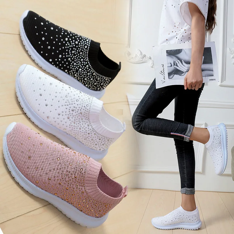 New Women Sneakers Rhinestone elastic socks shoes Mesh Platform Shoes White Breathable Socofy Casual Shoes Women Flats Shoes