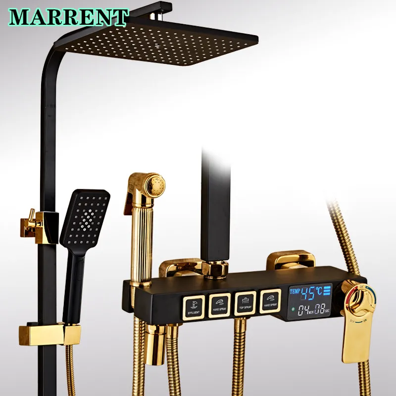 

Digital Bathroom Shower Faucets Black Gold Thermostatic Bath Shower System Rain Shower Head LED Display Digital Shower Set