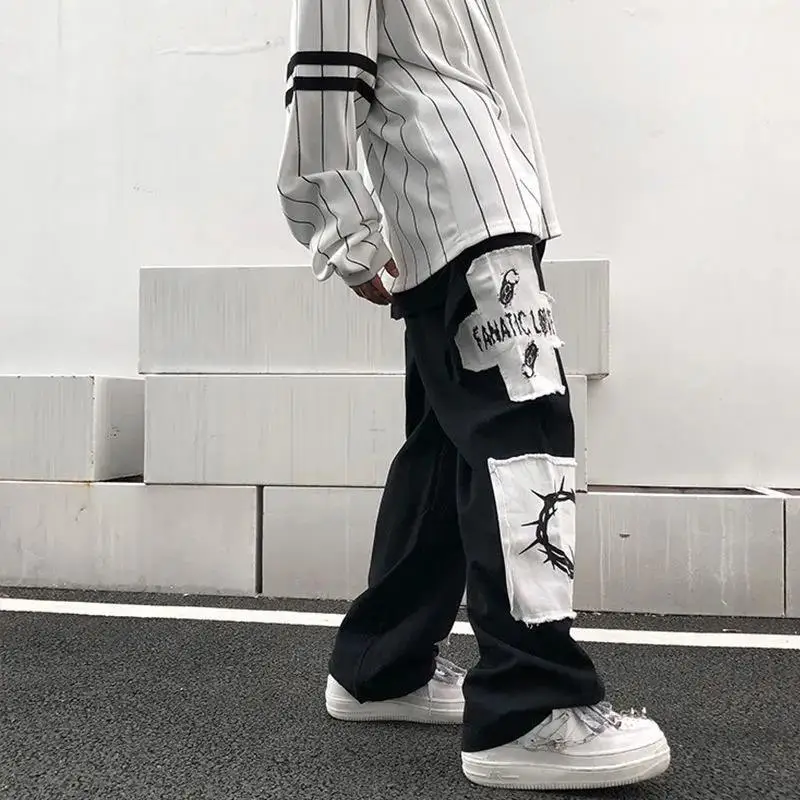 

2023 Spring and Autumn cartoon patch large size pants men Fashion high street lazy harajuku overalls street casual jogger 5XL