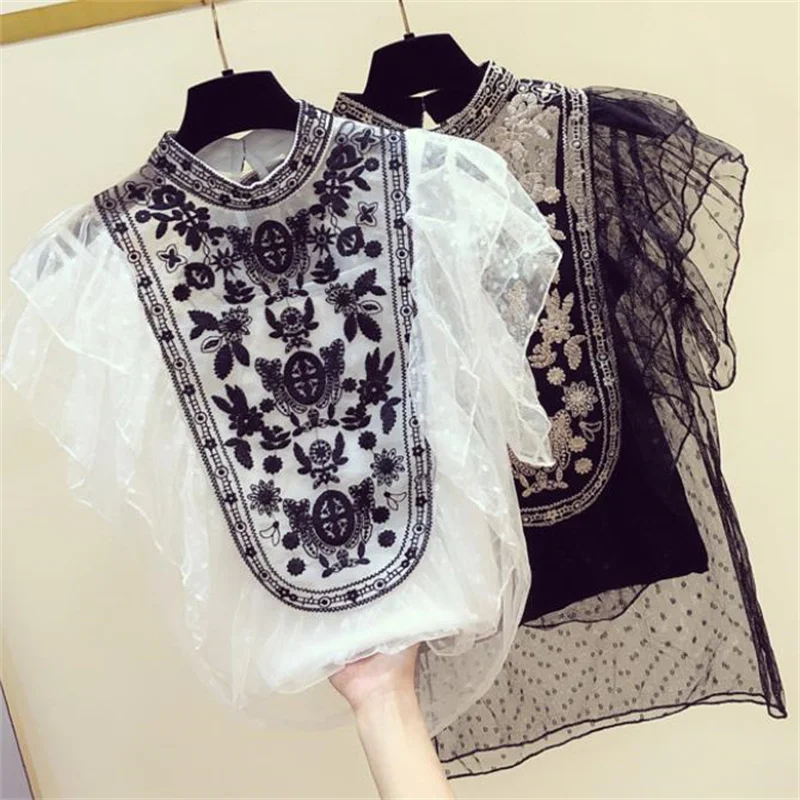 

Ruffled lace shirt two-piece women's 2022 spring summer new loose mesh stitching retro stand collar short-sleeved top