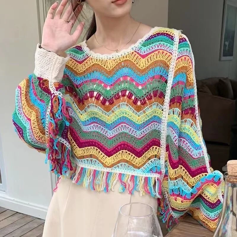 

Rainbow hook flower knit cover up loose layered top