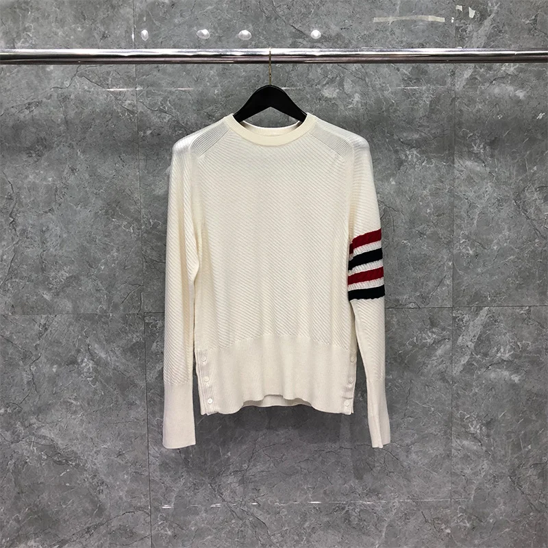 THOM TB Sweater Autunm Winter Sweater Male Merino Wool RWB 4-Bar Stripes Crew Neck Pullover Knit Slim Korean Brand Tops
