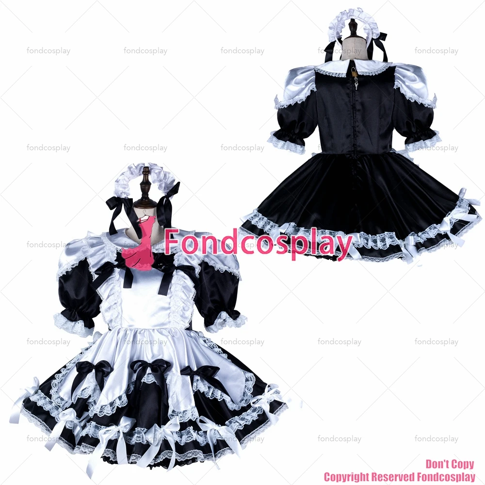 

tailor-made sexy adult dressing cross maid sissy short black white satin dress lockable uniform costume tv/cd[g2350]