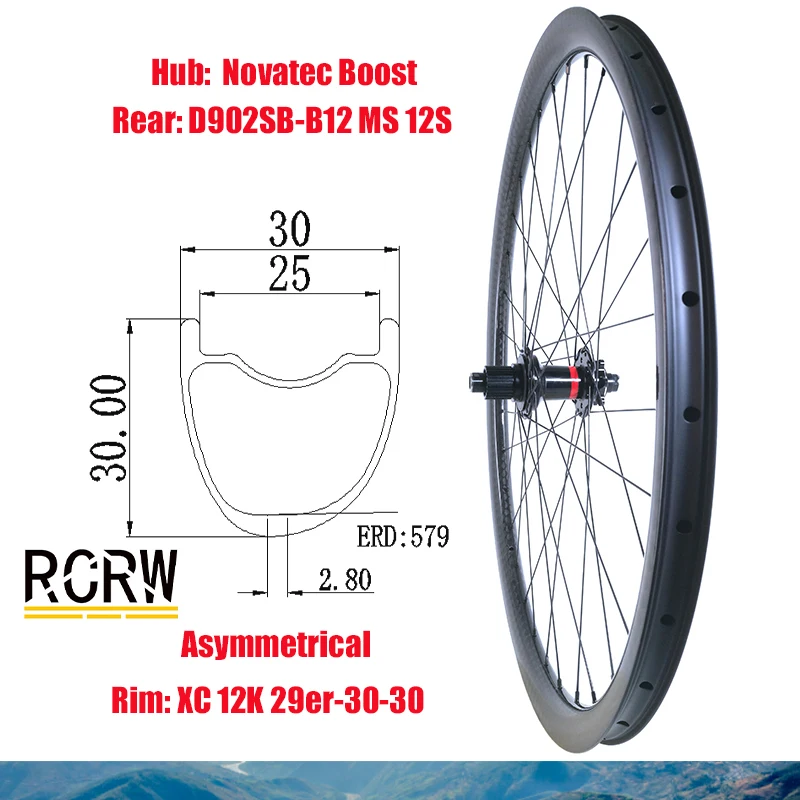 

Заднее углеродное колесо 29er MTB XC 30*30 мм, асимметричное, 12K, обод, Ширина 30, глубина 30, Novatec D902SB-B12 Microspline 12S Boost, J-образный хаб