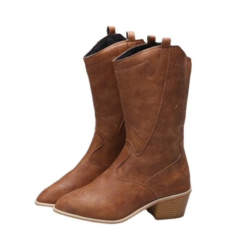 Women's Boots 2022 Autumn Winter New Large Size Pointed Toe Hand-embroidered Soft Leather Mid-tube Knight Leather Chelsea Boots