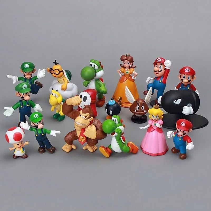 

18pcs Super Mario Game Cartoon Figures Mario Garage Kit Children’s PVC Mini Dolls 3-7cm Toys Cake Decoration Car Accessories