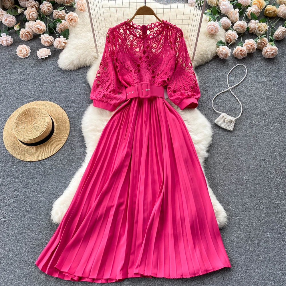 

New Fairy Sweet See-through Lace Lace-up Waist Super Fairy Pleated Dress