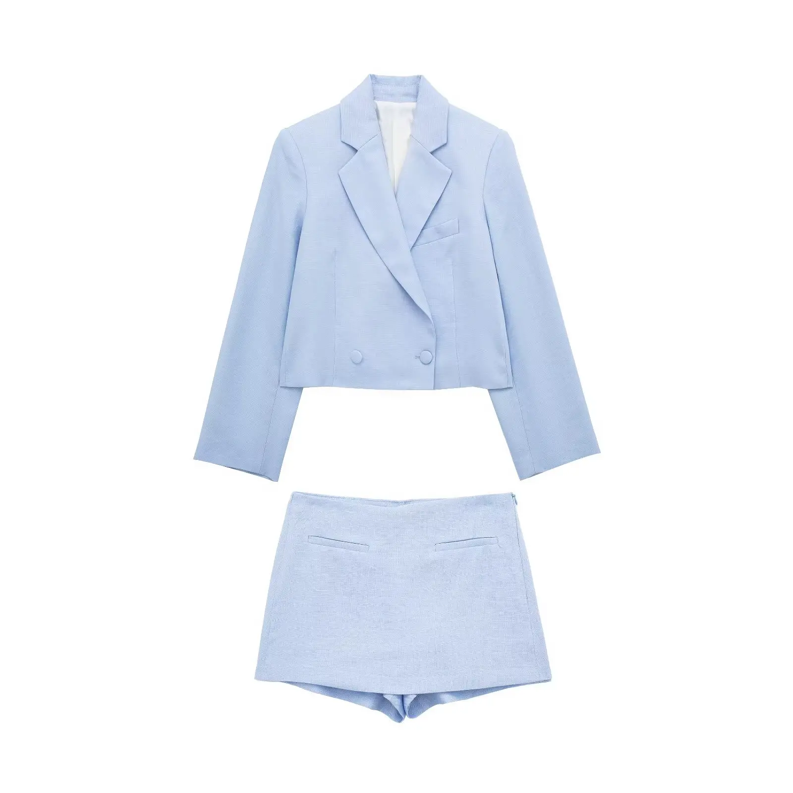 

Woman Elegant Blue Cotton Linen Blazer Suit 2023 Spring Female Solid High Waisted Skirt Shorts Sets Ladies Straight Blazers Set