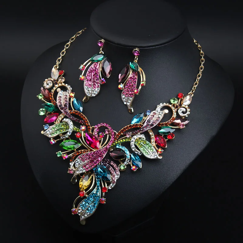 European Style Women Designer Luxury Crystal Zircon Flower Earrings Necklace Set Woman Jewelry Accessories Party Gift