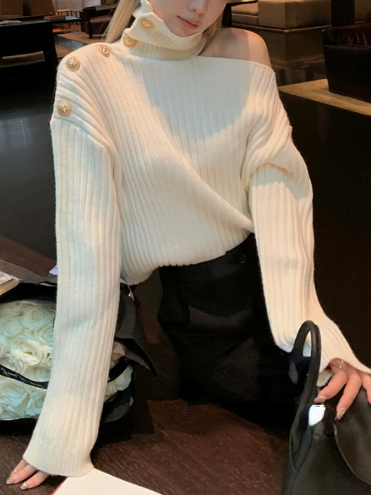 

2023 Elegant Knitted Sweater Ladies Button Design Autumn Long-sleeved Casual Pullover Fashion Y2k Solid Color Hundred with Tops