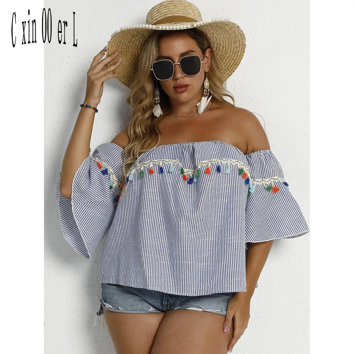 

plus size Foreign Trade One Line Collar National Style Short Sleeve Top Shirt Women