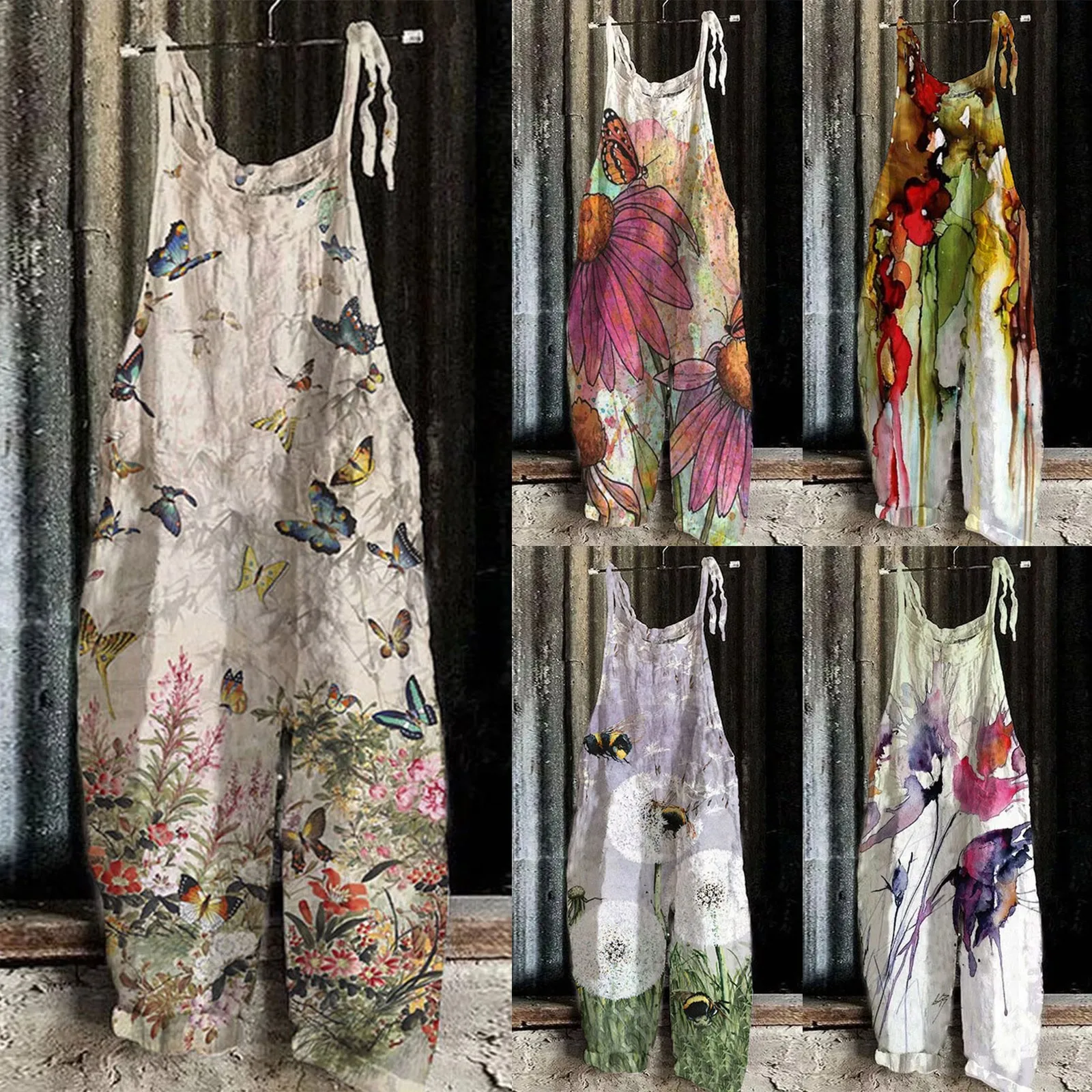 

2022 New Women Jumpsuits Summer Overalls Fashion Sweet Loose Baggy Jumpsuit Casual Flroal Print Retro Strappy Long Jumpsuits