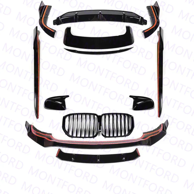 Для BMW X5 G05 X5M 2019-2023 ABS черный передняя губа задний диффузор кузова боковая юбка комплект спойлер гриль заднего вида montford