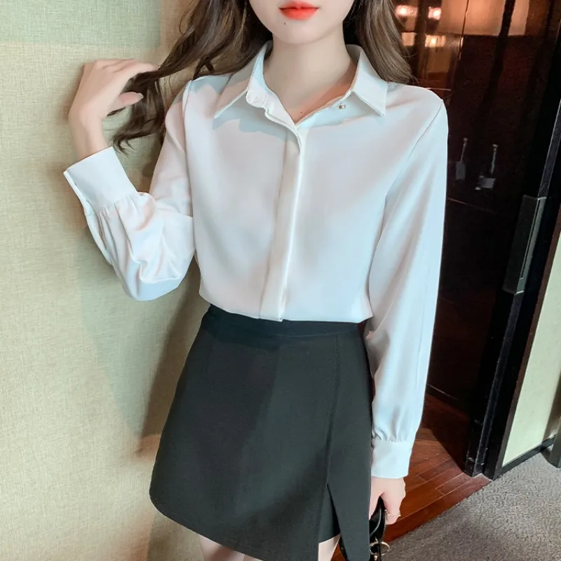 

Women's Shirt Chiffon Blouses for Women Long Sleeve Top Women Fashion Office Lady Polo Neck Clothing Female 2023 Basic Shirts OL