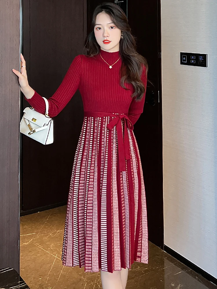 

Красное шерстяное трикотажное платье-миди в полоску в стиле пэчворк осень-зима 2023 плотное теплое платье-свитер корейское элегантное облегающее платье для выпускного вечера
