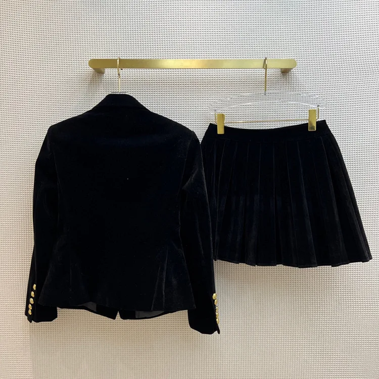 

Hepburn Style French Velvet Suit Long Sleeve Blazer Jacket + A-line Pleated Short Skirt Suit Sets High-end