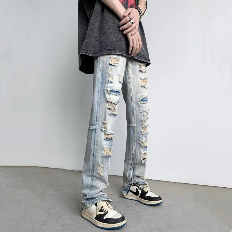 Брюки мужские рваные из денима с молнией на щиколотке