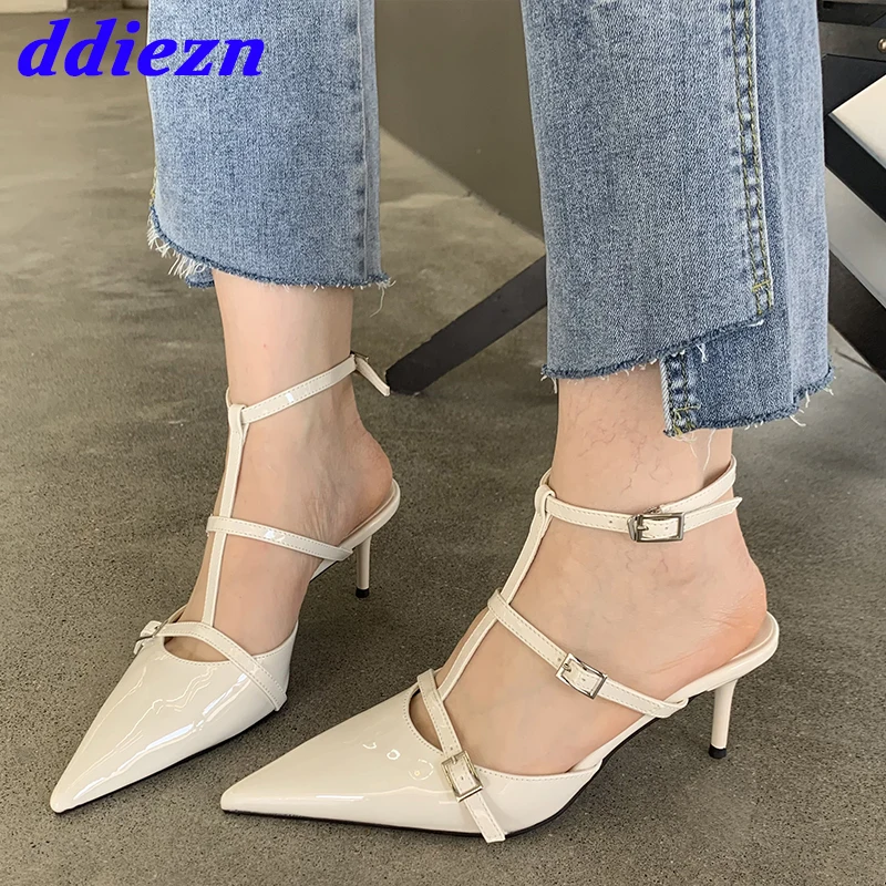 

Туфли-лодочки женские с острым носком, Открытый Т-образный ремешок, высокий каблук, сандалии, весна-лето 2023