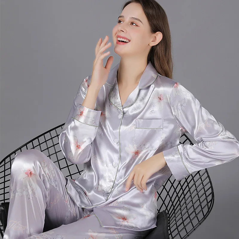 New Ice Silk Pajamas for Women Long Sleeve Thin Section Night Wears Two-piece Set Elegant Luxury Women Pajama Sets Free Shipping