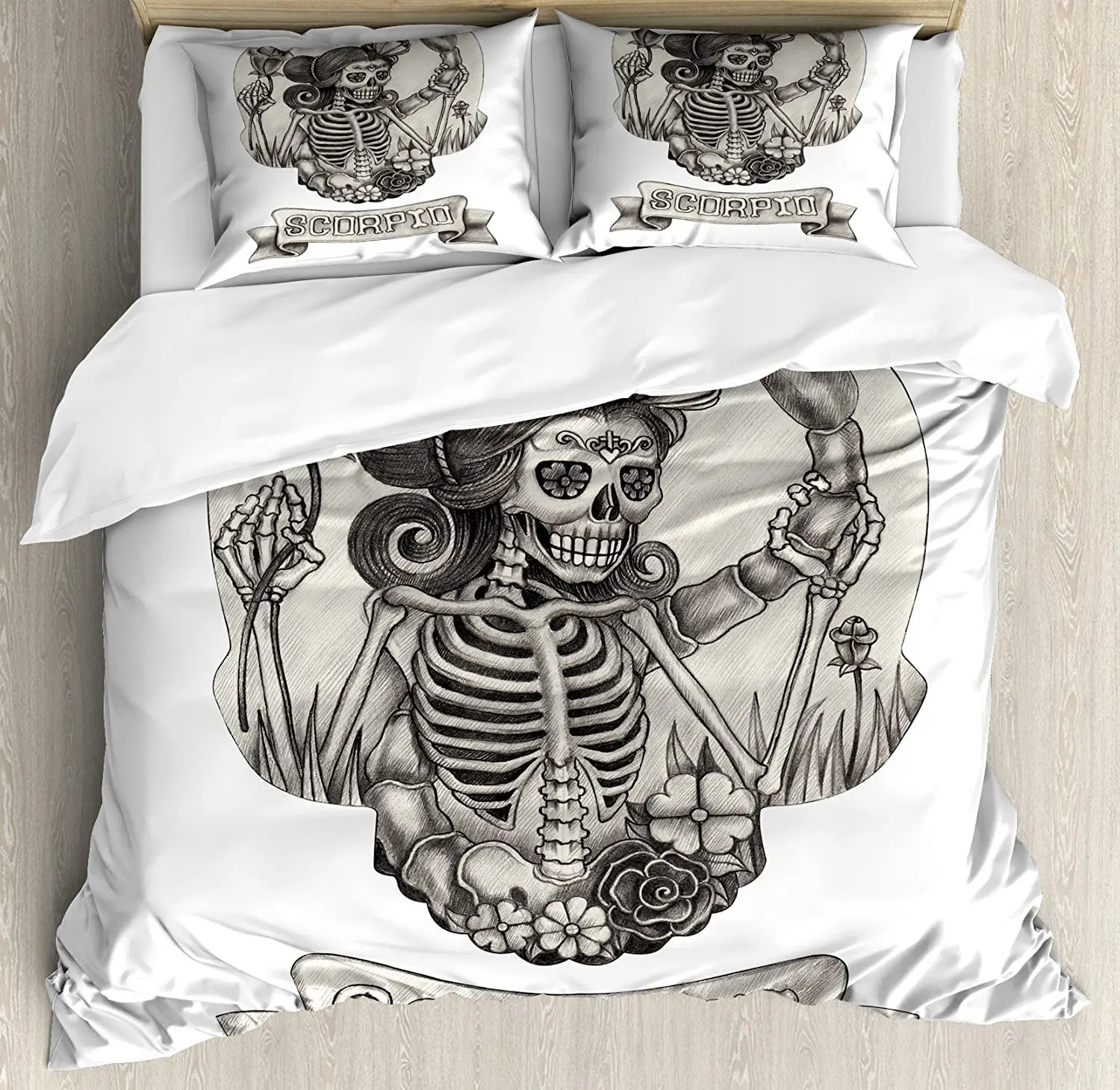 

Zodiac Scorpio Bedding Set Human Skeleton Sugar Skull Desig 3pcs Duvet Cover Set Bed Set Quilt Cover Pillow Case Comforter Cover