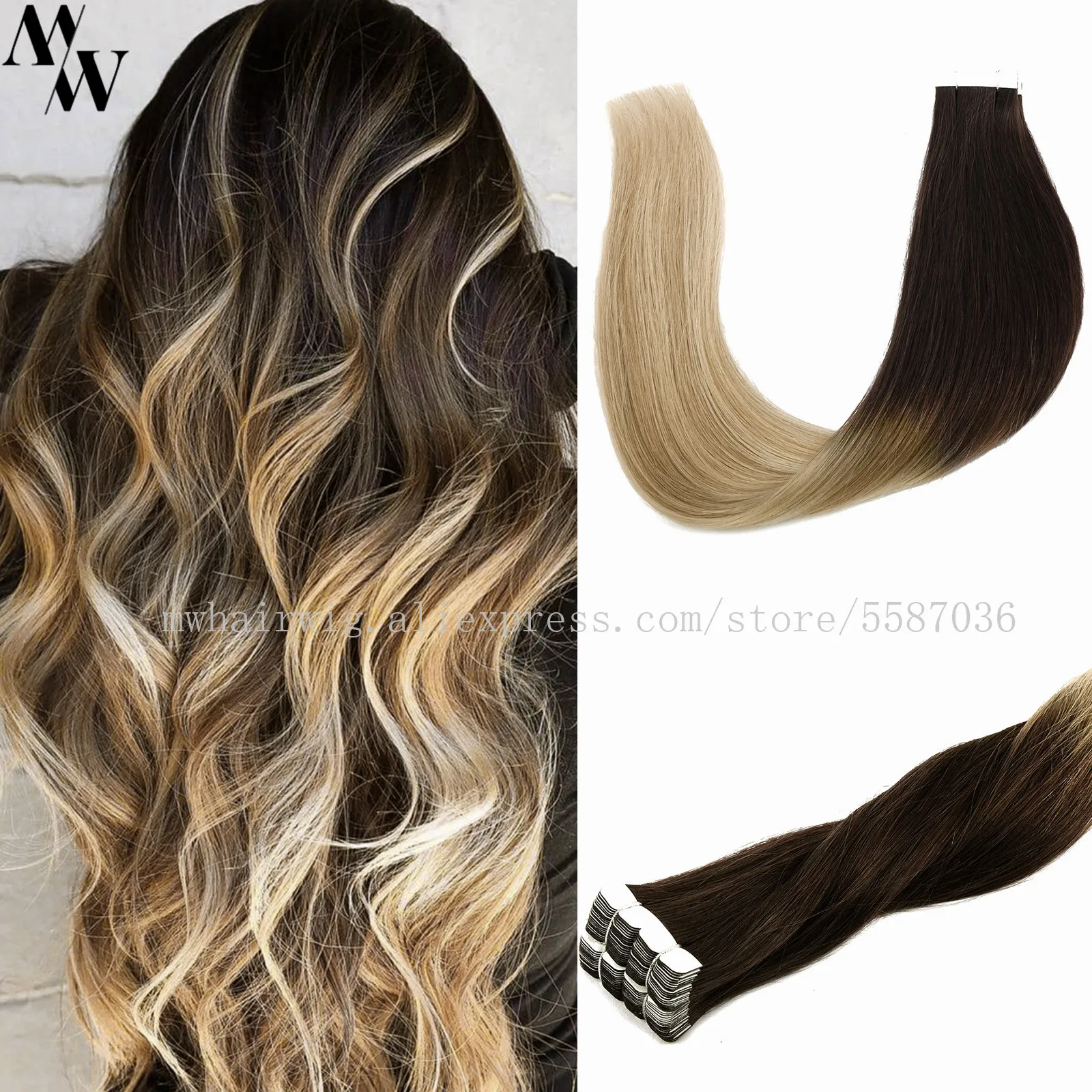 

MW Natural Straight Tape in Hair Extension Balayage Ombre Machine Remy Real Human Hair for Women Invisible Seamless PU Skin Weft