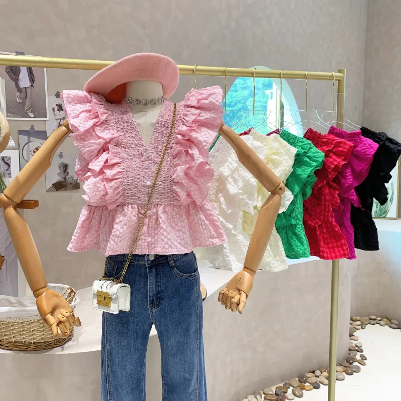 

New Women's Clothing 2022 Summer V-neck Ruffle design sweet flying Short sleeved doll shirt top blusas