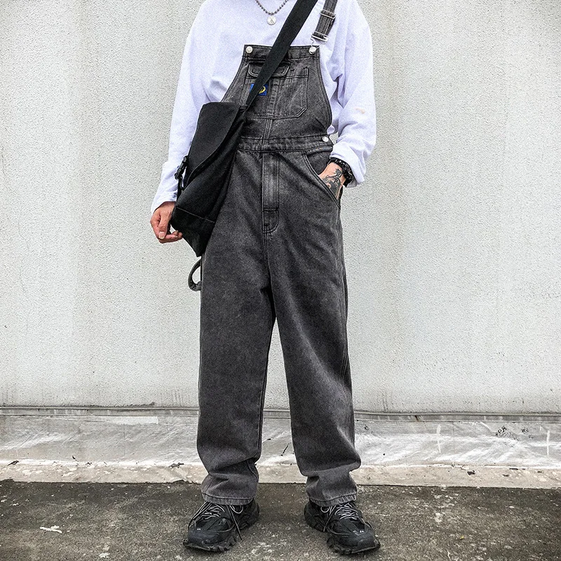 Men's Denim Bib Overalls Fashion Pocket Jumpsuit Men Loose Jeans Suspender Pants Hip Hop Straight Leg Trousers Black Grey Blue