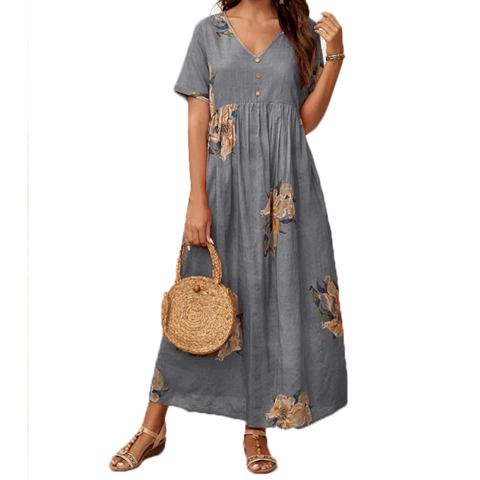 

Women Summer Dress 2022 Holiday V Neck A-line Big Swing Party Dress Sexy Floral Print Vestidos Short Sleeve Robe Femininas