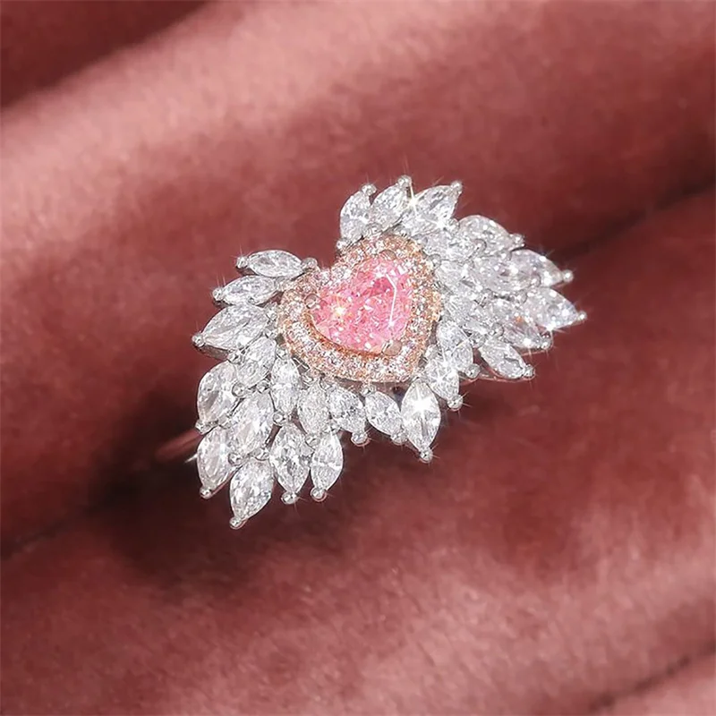

Pink Love Copper Set Zircon Ring European and American Style Big Gem Bride Wedding Ring Female Premium Jewelry Accessories