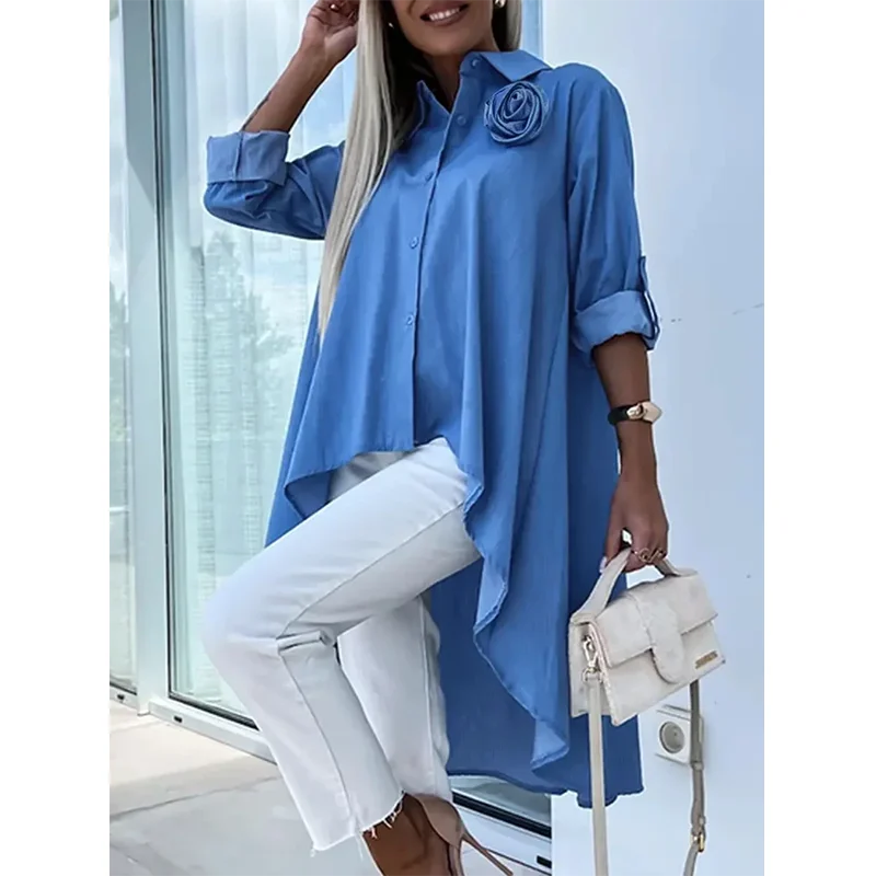 Однотонные блузки и рубашки Tinaa с коротким рукавом высоким воротником карманами